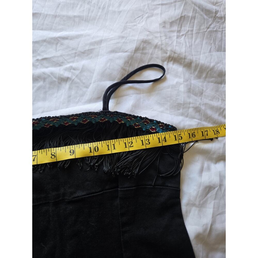 Vintage Y2k Womens Large Black Denim Fringe Beaded Festival Cowgirl Mini Dress - Picture 10 of 13